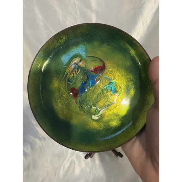 Vtg Enamel on Copper Trinket Dish Pin Tray Abstract Art Unsigned Hand Paint 5.5" - Picture 2 of 4